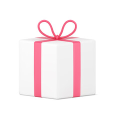 White present box 3d icon. Volumetric package with pink ribbons and bow