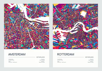 Papier Peint photo Rotterdam Color detailed road map, urban street plan city Amsterdam and Rotterdam with colorful neighborhoods and districts, Travel vector poster