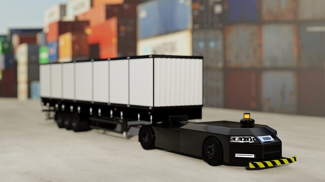 Concept of driverless trucks on port background,3D Render.