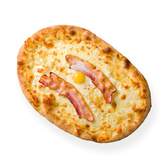 Roman pizza, Pinsa carbonara on roman dough with egg and bacon isolated on white top view
