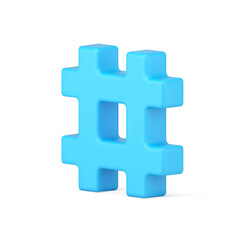 Hashtag symbol 3d icon. Blue sign hashing messages in media space