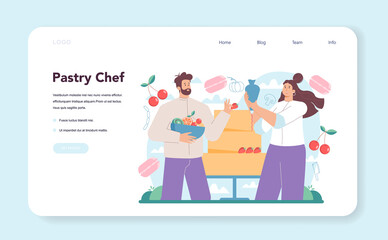 Pastry chef web banner or landing page. Confectioner in apron making tasty