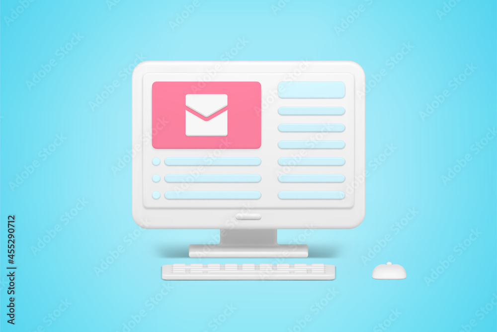 Poster online newsletter and mail 3d icon. mail envelope on monitor screen with options for web actions