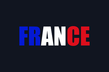 France text, isolated on dark background, vector illustration. Country flag. Country name text lettering with flag illustration. Country word with flag design. 