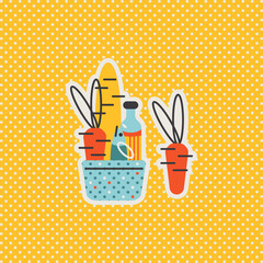 Food basket. Cute vector illustration, postcard, print. Trending colors
