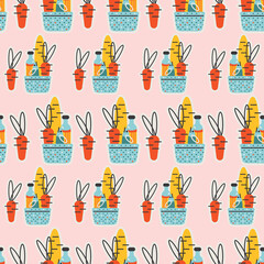 Seamless pattern with food baskets. Cute vector illustration, background, card, print. Trending colors