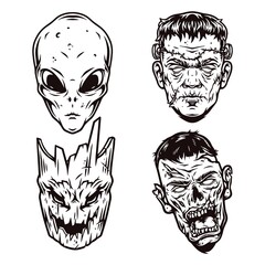 Halloween scary creatures monochrome concept