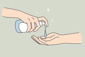 Hand sanitizer and cleaning concept. Human hands pulling soap or sanitizer for hygiene one to another vector illustration  - obrazy, fototapety, plakaty