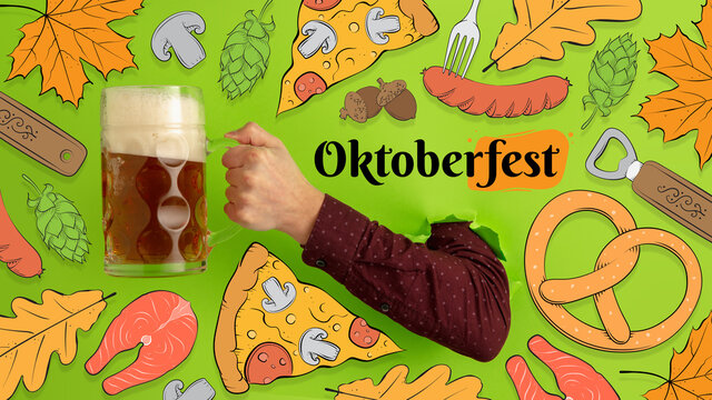 Contemporary art collage with hand holding beer glass with light, lager cold foamy beer. Concept of festival, national traditions, taste, drinks and holidays, octoberfest