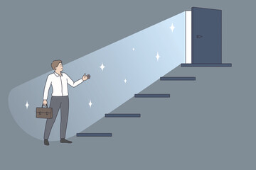Business career and development concept. Young businessman worker standing near ladder with open door on top and better future with success vector illustration 