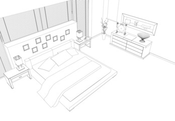 Contour of a bedroom from black lines isolated on a white background. Perspective view. Vector illustration