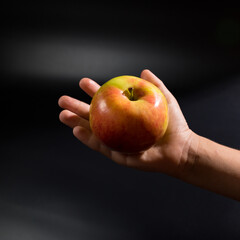 Child hand holding apple. Hand with apple on black background.