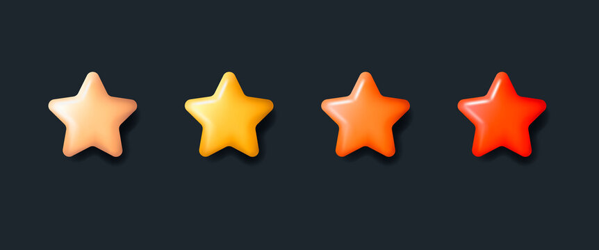 Set of vector rounded 3d stars in yellow and red colors, volume badge on dark backdrop