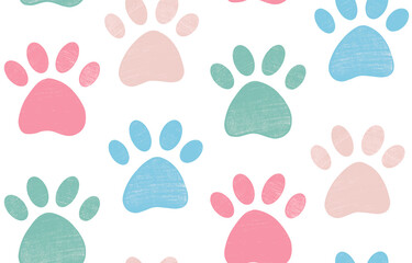 Cute gentle seamless pattern with crayon pencil textured pet paw in pastel colors. Vector background with dog or cat leg footprint track silhouette. Animal textile design, wallpaper.