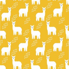 White llamas seamless pattern vector illustration. Fluffy animals llama with drops on a desert background. Template for wallpaper, packaging, fabric and design.