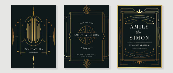 Art deco wedding invitation card vector. Luxury classic antique cards design for VIP invite, Gatsby invitation gold, Fancy party event, Save the date card and Thank you card. Vector illustration.