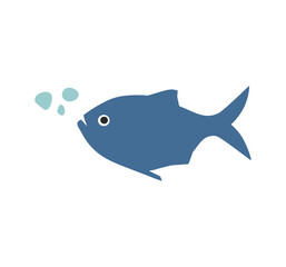 fish blue silhouette with bubbles. logo, icon. Flat vector illustration. side view.