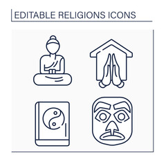 Religious line icons set. Buddist monk, Candomble mask, Confucianism sacred text. Praying at home. Philosophical concept. Isolated vector illustrations. Editable stroke