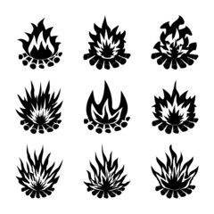 Hot flame icons with firewood in black on a white background.