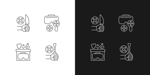 VR helmet usage guide linear manual label icons set for dark and light mode. Customizable thin line symbols. Isolated vector outline illustrations for product use instructions. Editable stroke