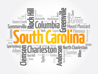 List of cities in South Carolina USA state, word cloud concept background