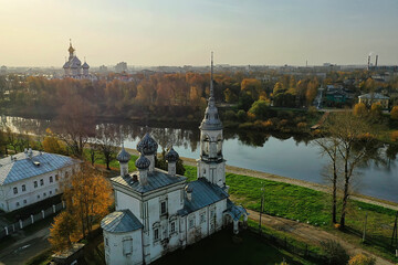 Fototapeta premium autumn vologda kremlin, drone top view, russia religion christian church