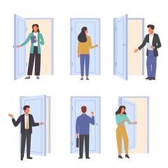 People go in and out door set. Office workers come to work hr manager invites candidate for interview near open door business woman with folder in hands walks into meeting. Cartoon vector.