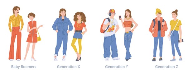 A set of young characters different generations x, y, z and baby boomers.