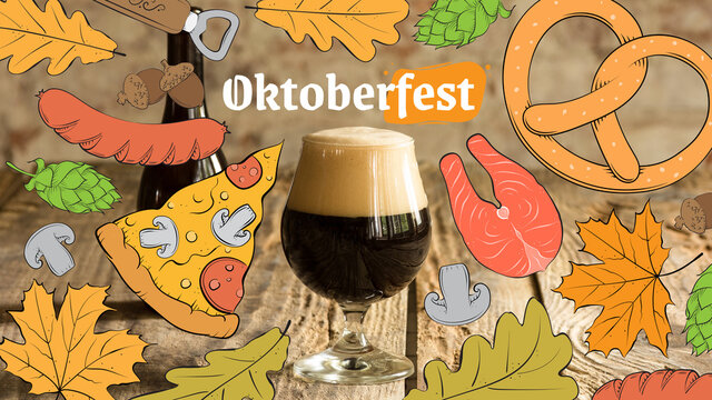 Horizontal poster to oktoberfest festival. Beer glasses and traditional beer snacks. Flat lay design, illustration on dark background. Concept of holdays, drinks, party