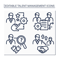 Talent management line icons set. Workforce and succession planning, skill gap analysis. Improving business performance concept. Isolated vector illustrations. Editable stroke