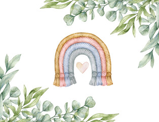 Watercolor illustration card with eucalyptus frame, rainbow, heart. Isolated on white background. Hand drawn clipart. Perfect for card, postcard, tags, invitation, printing, wrapping.