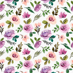 Purple flower seamless pattern with watercolor green leaves