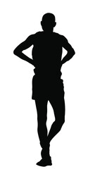 Marathon runner waiting race on start vector silhouette illustration isolated on white background. Sportsman athlete resting on finish line after race wining. Superstar player concentrates before game