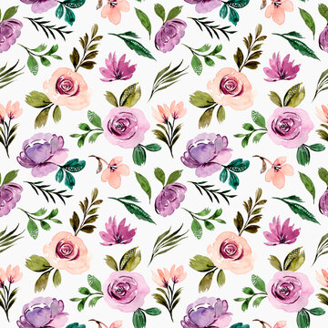 Purple flower seamless pattern with watercolor green leaves
