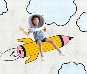 Contemporary art collage of little schoolboy flying on pencil rocket. Online education