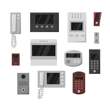 Collection of intercom security devices, flat vector illustrations isolated.