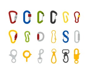 Climbing carabiners in shapes and colors flat vector illustration isolated. - obrazy, fototapety, plakaty