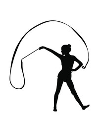Grace ballet dancer girl vector silhouette figure performance isolated on white background. Gymnastic flexible woman in leotard. Rhythmic Gymnastics lady with ribbon. Athlete woman in gym exercise.