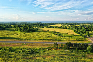 Fototapeta na wymiar summer road top view drone, nature landscape background
