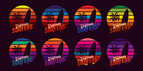 Original vector vintage set. Retro sunset collection with a palm tree and a surfboard, on the background of a sunset in the style of the 80s.
