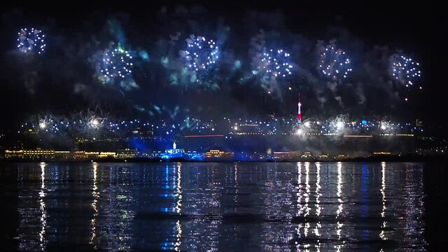 Nizhniy Novgorod Russia - August 21 2021 : Amazing Nizhniy Novgorod city 800 years  anniversary celebration with multicolor firework display on Volga River