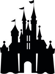 Castle from fairy tale about princess. Tower with flags. Black palace silhouette on white background. Black and white. 