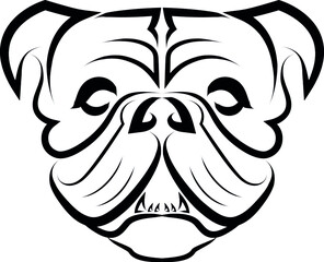Black and white line art of bulldog or pug dog head. Simple minimalistic tattoo design vector illustration.