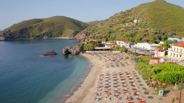 4k drone forward video (Ultra High Definition) of Kama beach in Kalamos village. Sunny summer scene of Euboea island, Greece, Europe. Calm morning seascape of Aegean sea..