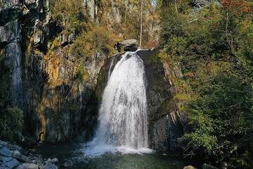 landscape waterfall, mountain altai russia, teletskoye lake