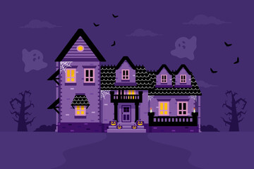 Fototapeta na wymiar Halloween Scene. Haunted house flat design vector illustration. 