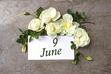 June 9th. Day 9 of month, Calendar date. White roses border on pastel grey background with calendar...