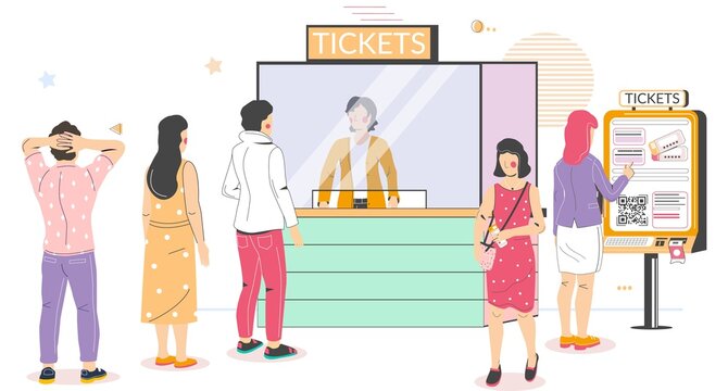 People buying cinema tickets at self service terminal and at movie ticket counter standing in queue, vector illustration