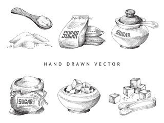 Hand drawn sugar items set engraving vintage vector illustration isolated.