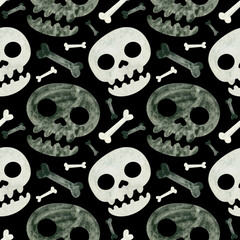 Halloween seamless pattern with skulls and bones. Spooky digital scrapbooking paper on black background.